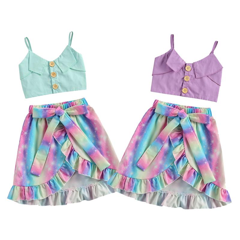 

0-4Y Toddler Baby Girl Summer Clothing Ruffle Bow Vest Top+Rainbow Tie-dye Pattern Bow Decoration Irregular Hem Skirt 2pcs, Blue