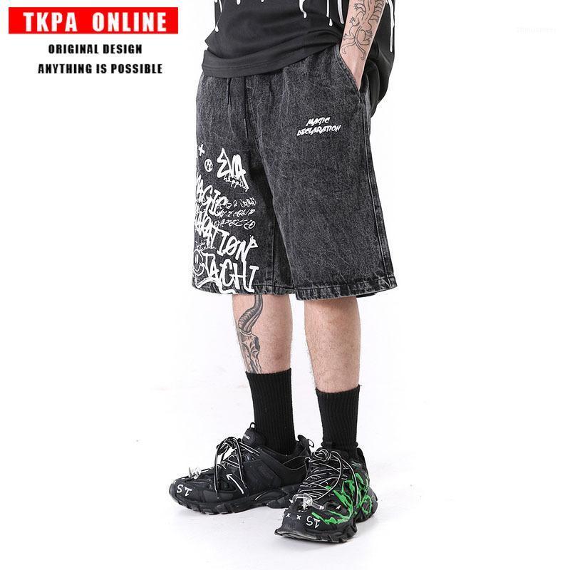 

Men's Jeans Tkpa Trendy Graffiti Street Wash Make Old Loose Panties Shorts For Men And Women, Black