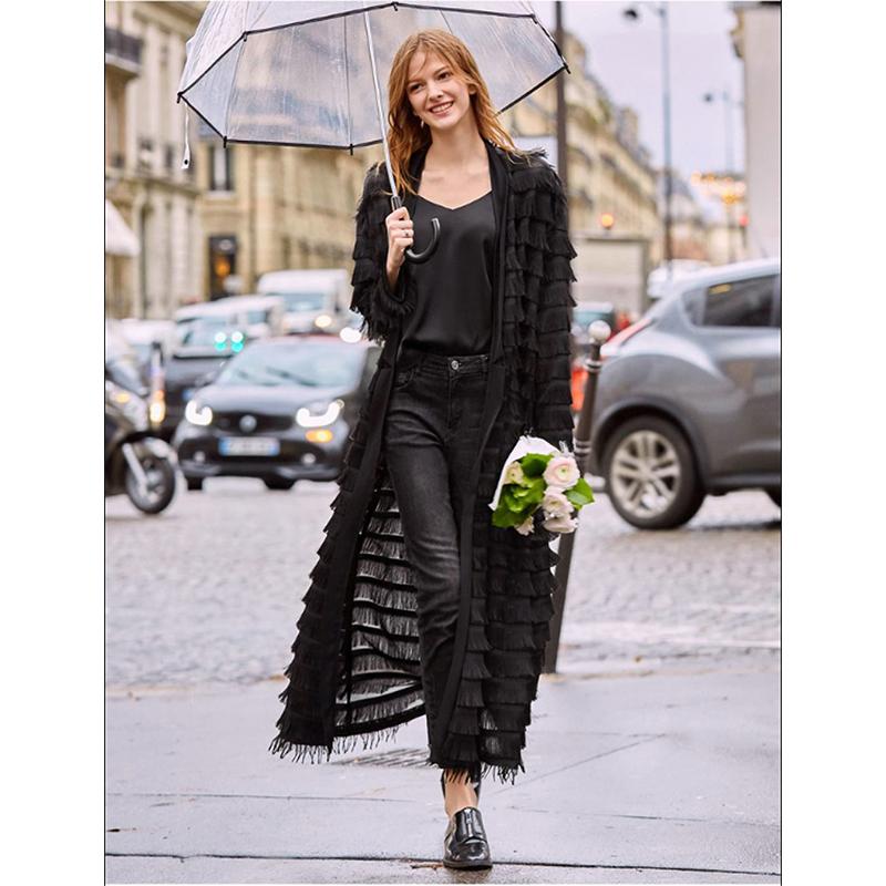 

Autumn Winter Women Muslim Dress Dubai Arab Robe Modest Fashion Open Abaya Kimono Black Caftan Jacket Fringed Long Cape