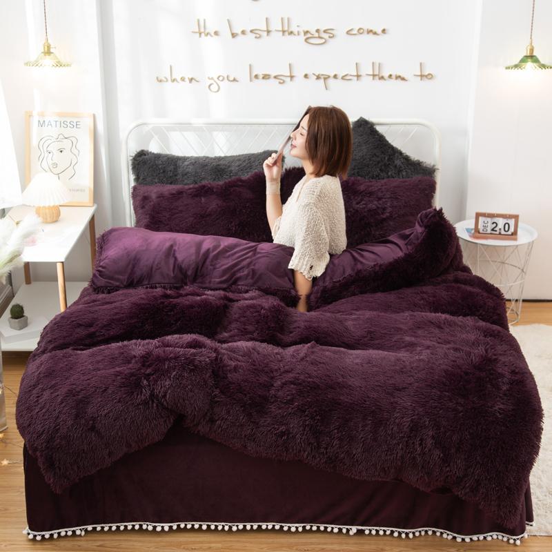 

Luxury Pure Color Plush Shaggy Warm Faux Fur Bedding Set Mink Velvet Double-sided Duvet Cover Set Bed Skirt Pillowcase, Model 8