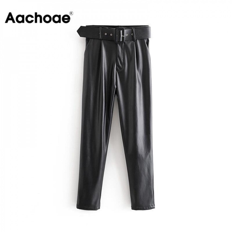 

Aachoae Women Chic Black PU Faux Leather Pants Fashion High Waist Pockets Ladies Office Trousers with Belt Casual Pleated Pants 201113