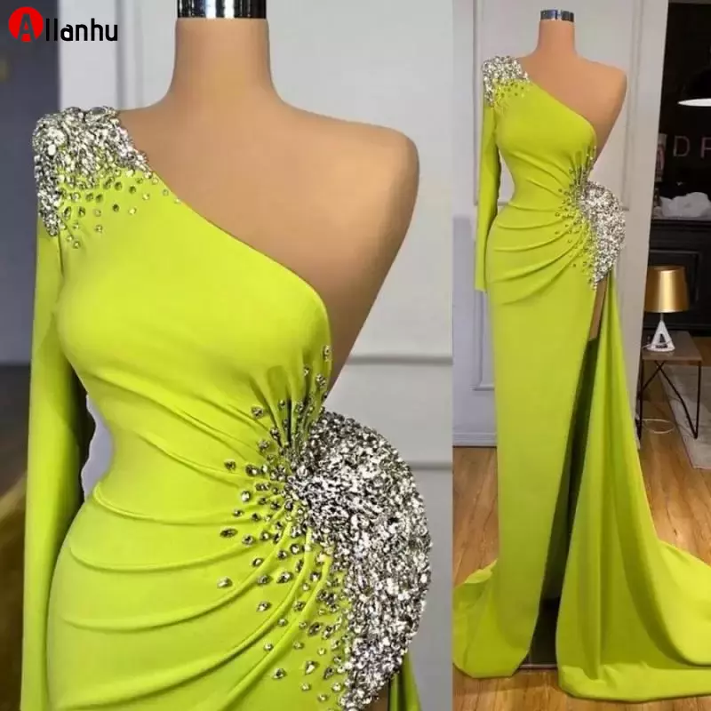 

NEW! 2022 Amazing Green One Shoulder Evening Dresses Wear Crystals Beaded Satin Mermaid High Split Sexy Women Dubai Formal Party Prom Dress Long Sleeve, Dark red