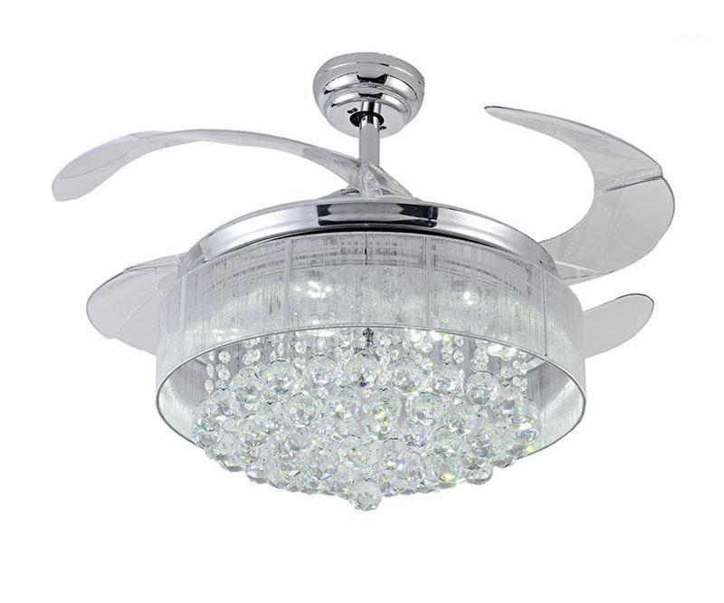 

Electric Fans 100% CRYSTAL Ceiling Fan Decorative Silver Body Retractable Blades Light Living Room LED Dining Room1