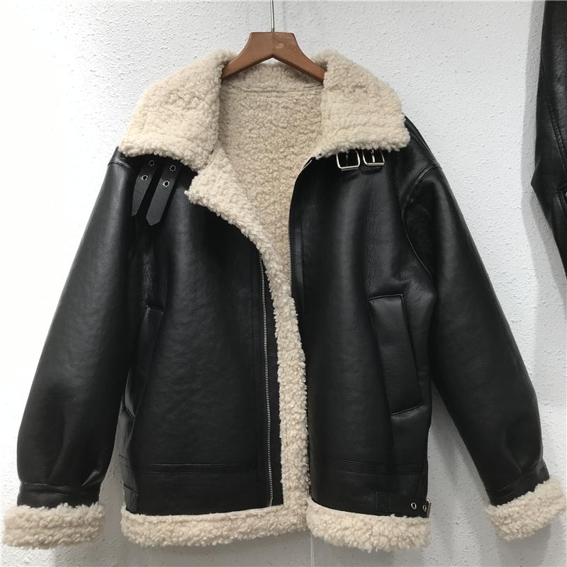 

New Winter 2020 Korean Soft Plus Plush Thicken Faux PU leather Jacket Women Loose Warm Casual Motorcycle Biker Outerwear Female, Black