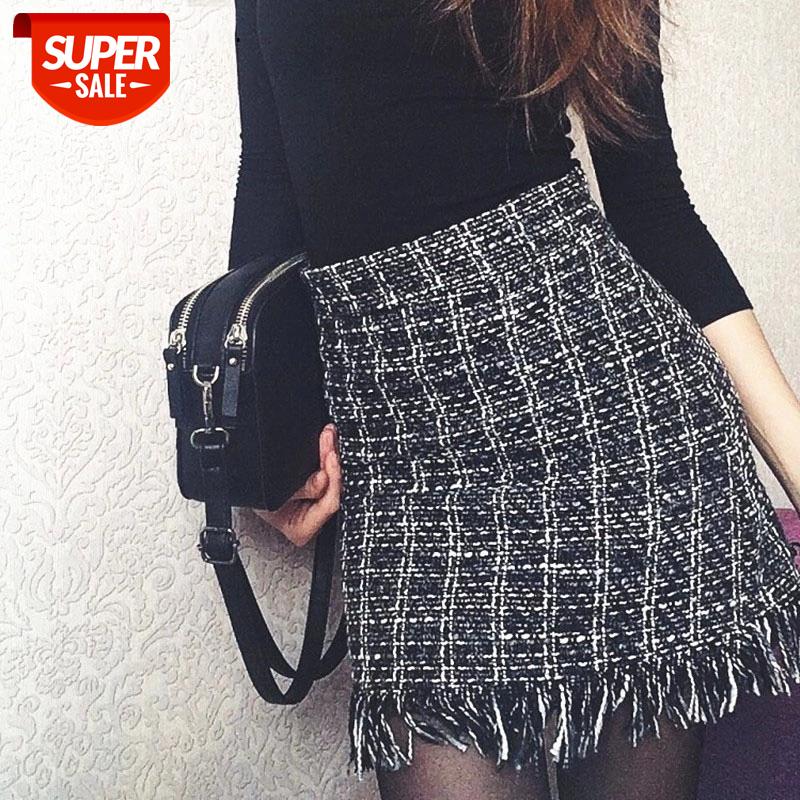 

2018 Women Woolen Mini Skirt Autumn Winter Vintage Straight Plaid Tassel Skater Skirt High Waist Femininas #uN1Y, White;black