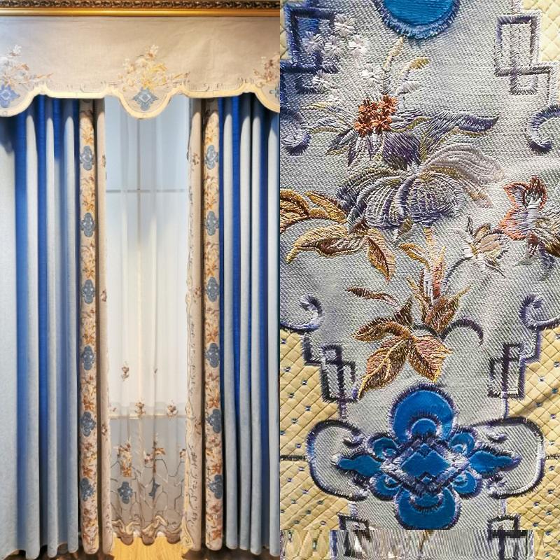 

New Chinese blue high quality chenille laser patching embroidered curtain fabric living room bedroom curtain finished products, Tulle