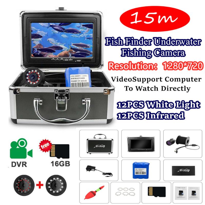

7" Inch 15M Underwater Fishing Camera HD 1280*720 LED Finsh Finder Rechargeable 12PCS White Lights + 12PCS Infrared Lamp