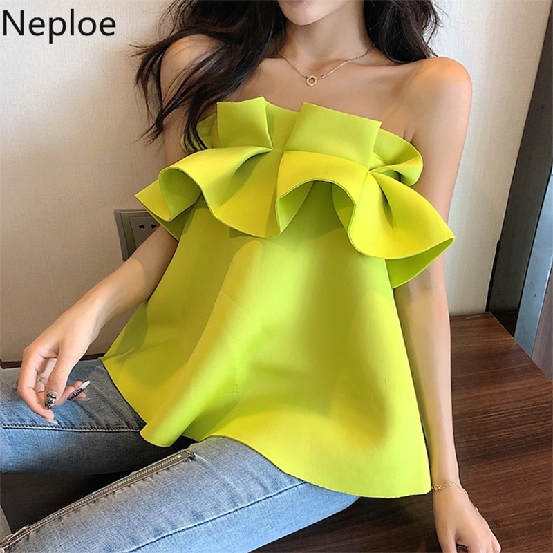 

Neploe Sleeveless Strapless Women Blusas Tops Ruffles Summer Sweet Shirt New Korean Short Seaside Holiday Blouses 53003 Y200422, Black