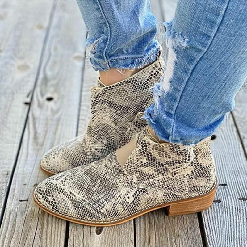 

Women Ankle Boots Vintage Woman Snake Pattern Low Heels Women's Casual Elastic Band Shoes Ladies 2020 Autumn Female Plus Size, Beige