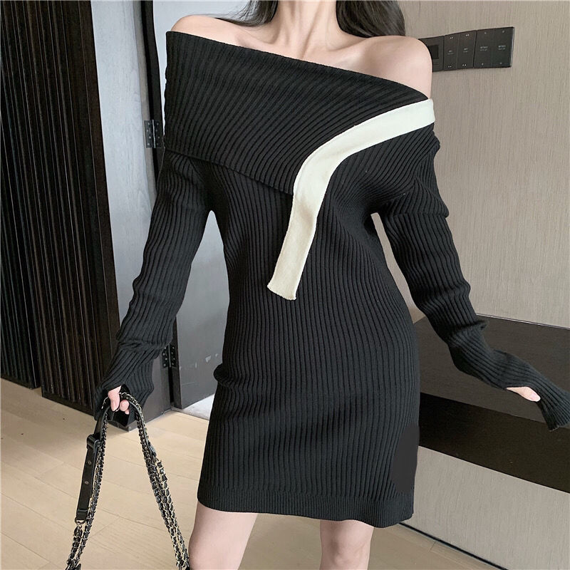 

New elegant 2021 women knitted out of the shoulder long female sleeve winter sweatshirt chic ladies'office dress y270 HWA0, Heise
