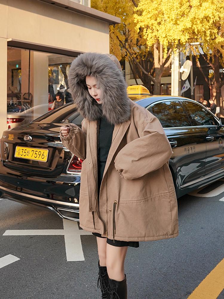 

2020 Winter Down Jacket Women High Quality Jacket Woman Coat Warm Slim Korean Preppy Style Big Fur Collar Cotton Clothes, Khaki