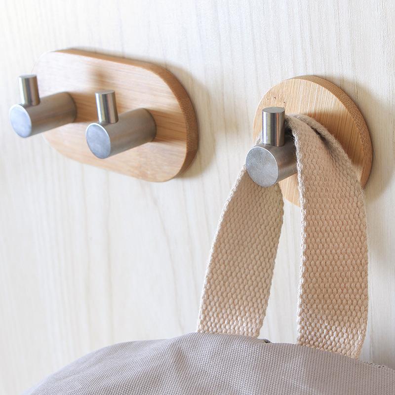 

LHX Kitchen Tool Natural Bamboo Stainless Steel Hook Wall Clothes Bag Key Hanger Hook Bathroom Door Towel Rustproof Shelf 1462ee1