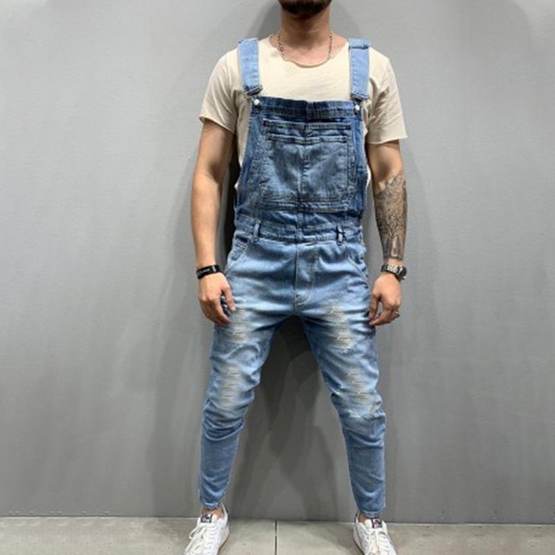 

Overalls For Man Suspender Pants Men' Jeans Jumpsuits High Street Printing Autumn Fashion Denim Jogging Male Working clothes, Blue