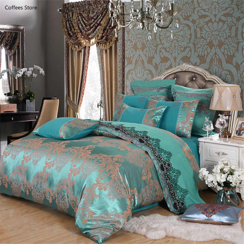 

Bedding Sets Comforter Tencel Silk Luxury Duvet Cover Bed Sheet Hot Sale Queen King Double Blue Jacquard Bed Linens Set, 009