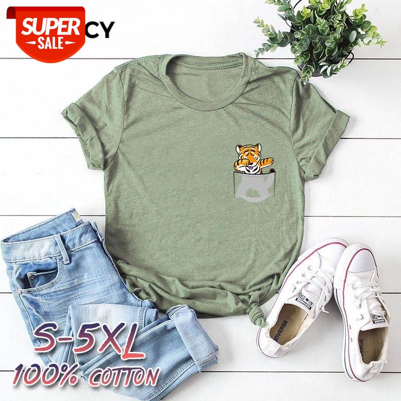 

JFUNCY Womens T-shirts Cartoon Tiger Pockets Print Kawaii Harajuku Female Shirts Top Clothes Women Cotton T-shirt Camiseta Mujer #ZU10, White