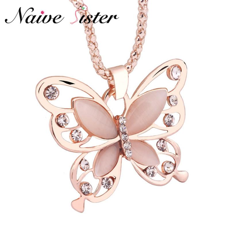 

2020 New Rose Gold Color Opal Butterfly Pendant Necklace Sweater Chain Long Necklaces For Women Girls Animal Jewelry Anime