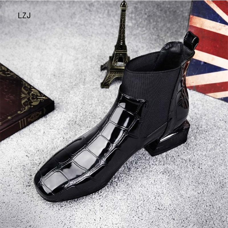 

2020 Chic Women Boots Shiny PU Leather Autumn Winter Shoes Woman Spuare Toe Block Heels Ankle Boots Female Botas Zapatos Mujer, Single