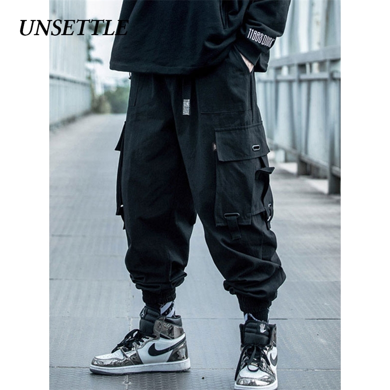 

UNSETTLE Japanese Side Pocket Cargo Harem Pants Mens Casual Joggers military Hip Hop tactical Streetwear Trousers Male 201109, Black