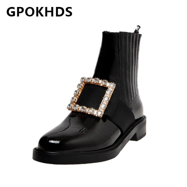 

GPOKHDS 2021 women Ankle boots Patent Leather Winter short plush Round Toe Crystal Med heels female Riding boots size 42, Color as photo