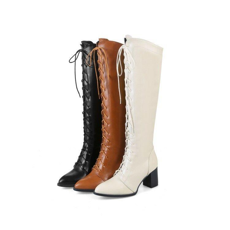 

Ladies Club Shoes Synthetic Leather Med Heel Zip Lace Up Knee Boots US Size b247, Black