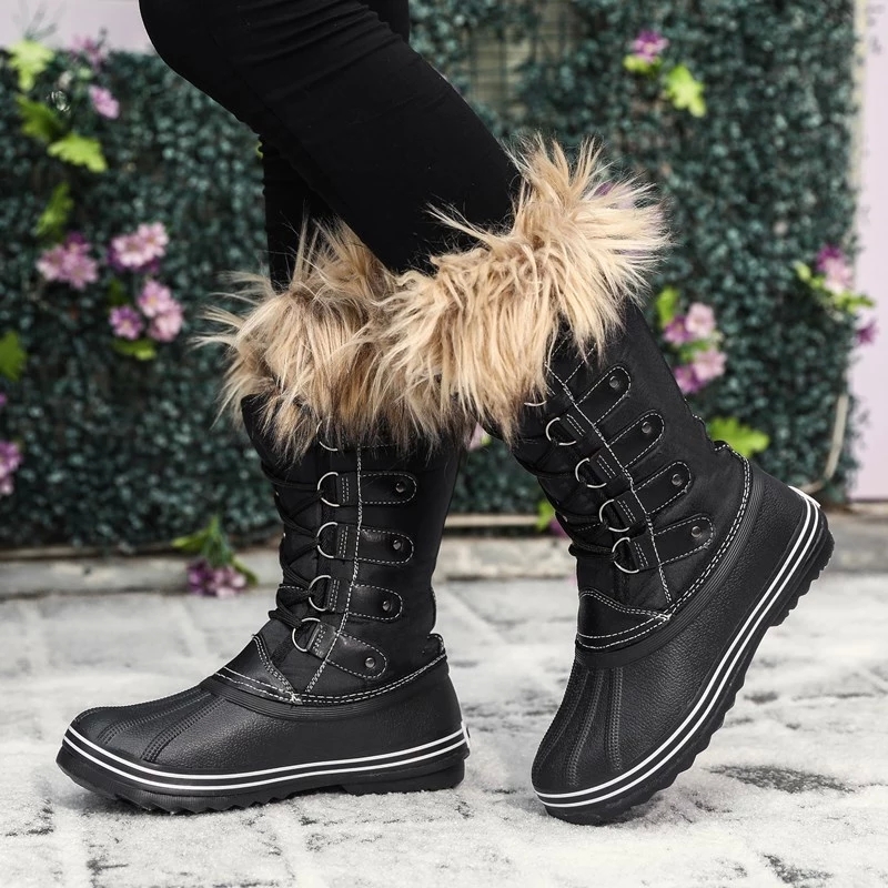 

New Retro Rivet Motorcycle Boots Women's Plush Boots Winter Knee High Hair Boot Fashion Female Low Heel Down Snow 35-43 #Pm0B, Black