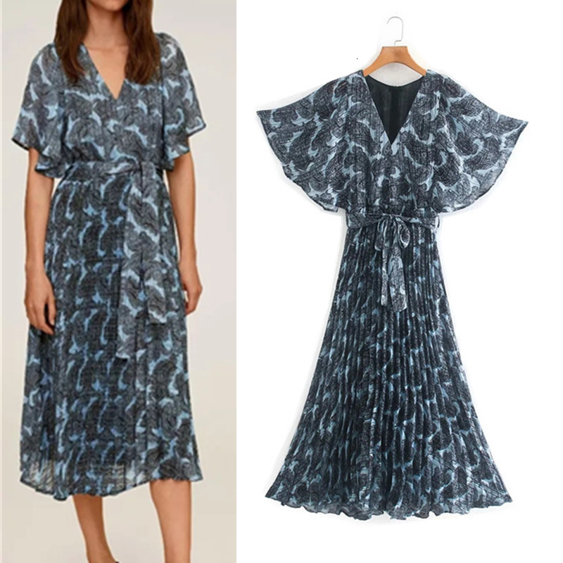 

2021 New Women Pleated Vintage Printed V-neck Midi Dress Fashion Tied Belt Flare Sleeves Irregular Hem Female Chic Dresses 5gzt, Print