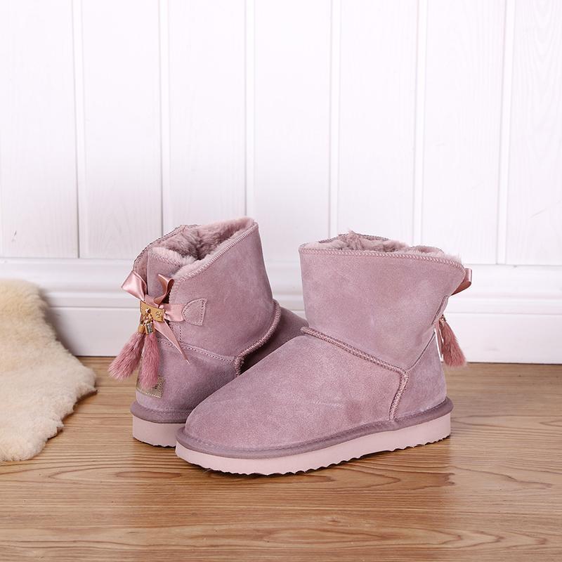 

Fashion All-match Ankle Bowknot New Snow Boots Multicolor Women Fur Lined Classic Genuine Leather Winter Flat Warm Casual Shoes1, Black