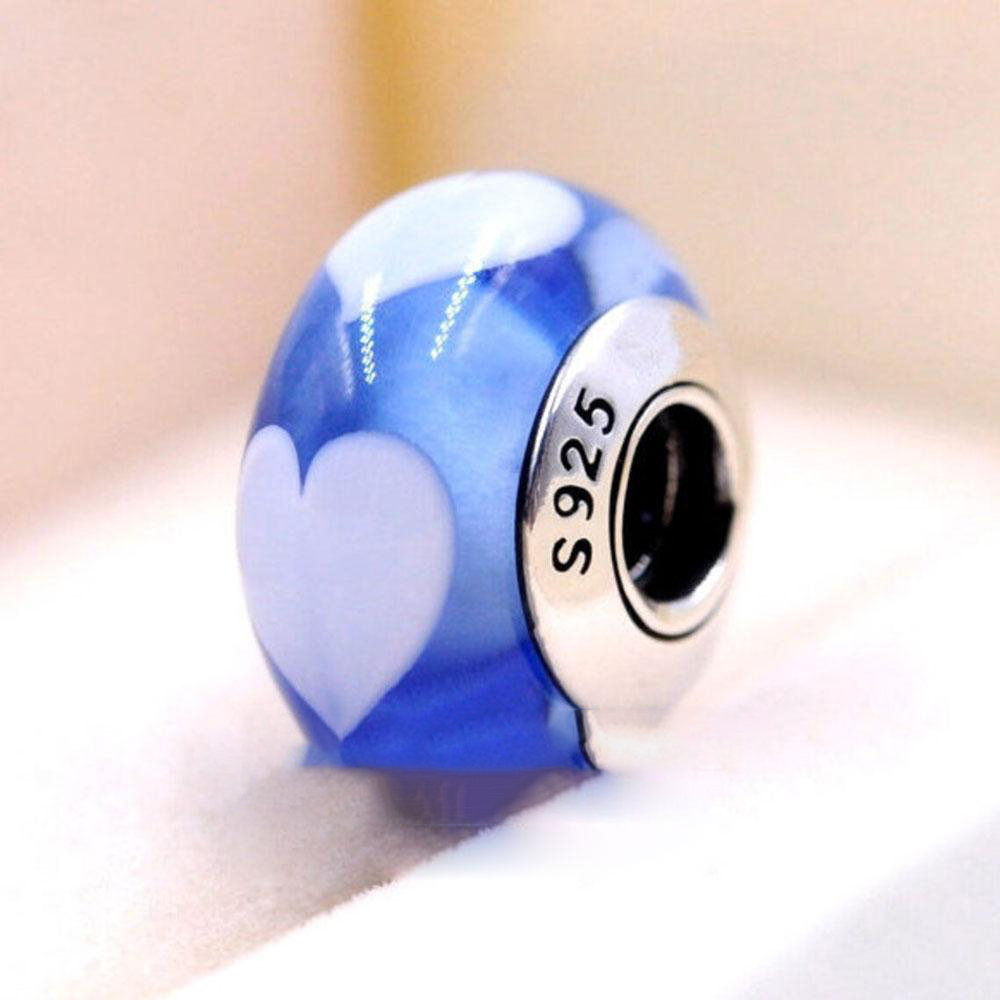 

925 Sterling Silver Screw Blue Love Heart Murano Glass Beads Fit Charm Jewelry Bracelets & Necklaces