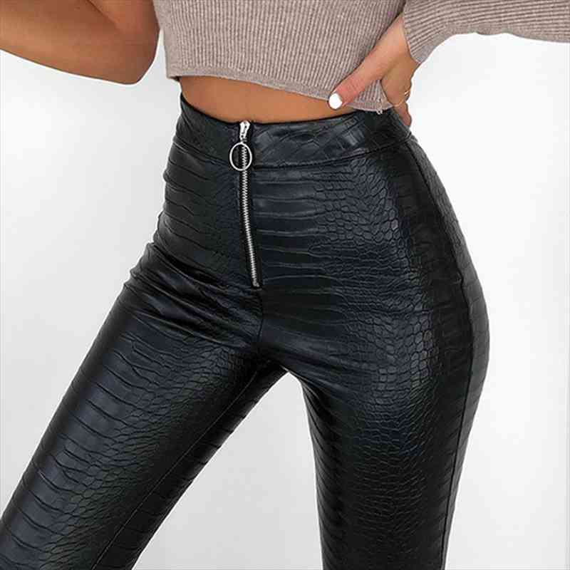 

Sexy Pu Leggings Women Slim High Waist Crocodile Pattern Push Up Legging Zipper Ankle Length Fake Leather Leggins Female, Black
