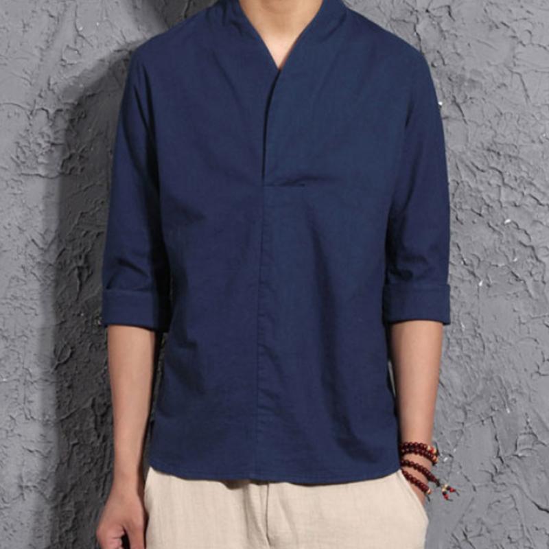 

Men Vintage Cotton Linen Shirt Mens Summer Three Quarter Sleeve Solid Streetwear Fashions White Blouse Male Summer Tops, Black