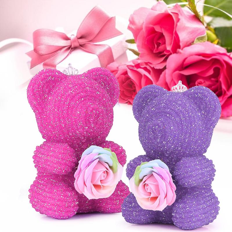 

Diamond Rose Bear Foam Immortal Flowers Birthday Gift Packaging Box Home Decor 22cm Handmade Teddy Bear Christmas Gift, Purple