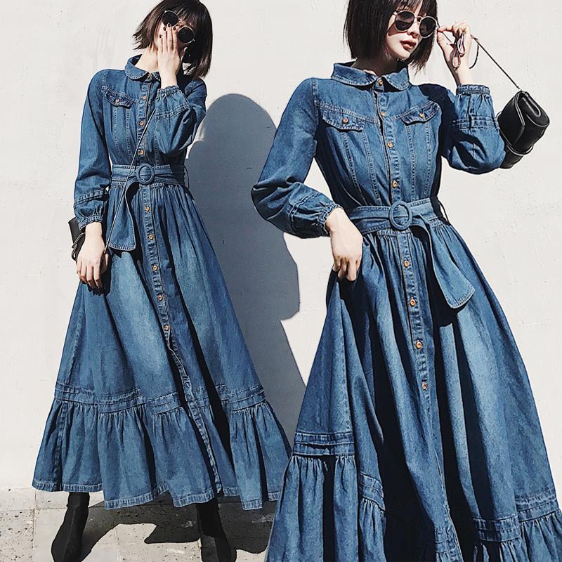 

Free Shipping 2020 Fashion Plus Size -3XL Dresses For Women Long Maxi Spring And Autumn Denim Single Breasted Dress With Belt, Blue