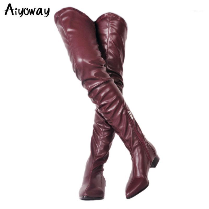 Nouveau Sexy grande taille 34-47 décontracté hiver Zip sur le genou bottes dames femmes en cuir PU noir plissé cuissardes Aiyoway1