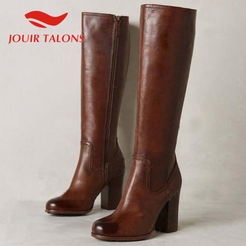 

JOUIR TALONS High Quality Shoes Woman Brand New Square Thick Heels Solid Knee High Boots Slid Round Toe Zip Autumn Boots, Brown