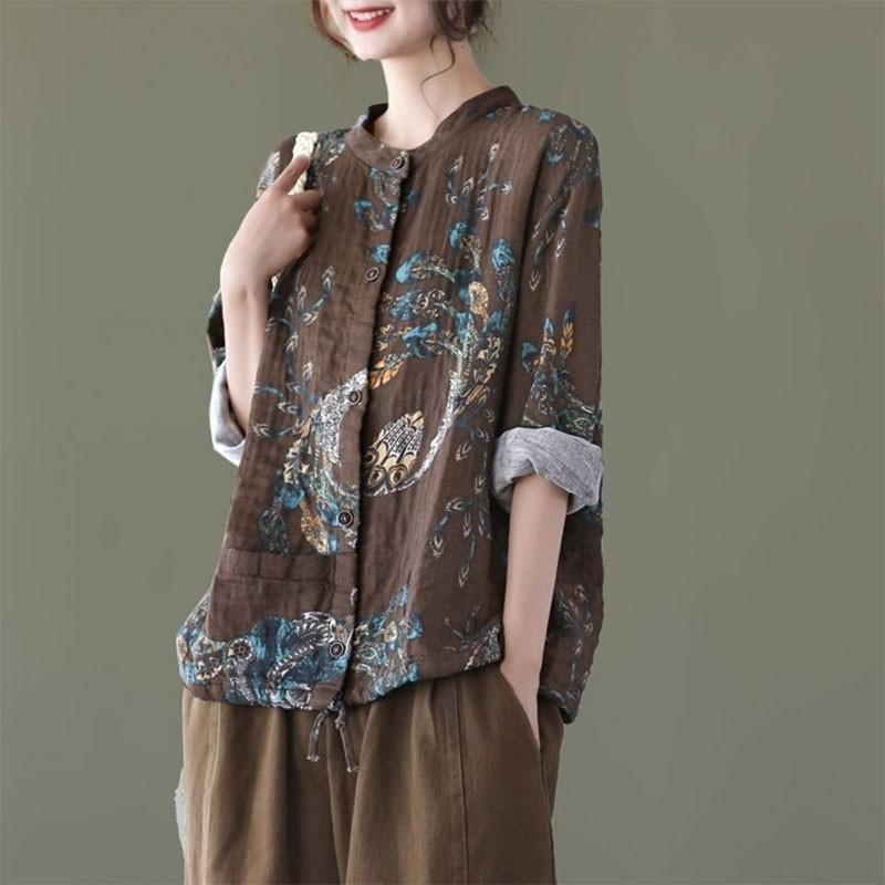 

2020 Autumn New Arts Style Women Long Sleeve Single-breasted Loose Shirts Vintage Print Cotton Linen Blouse Femme Tops M477, Gray