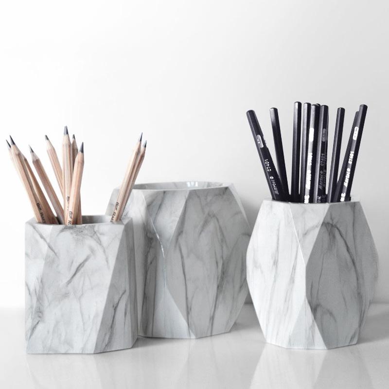 

Nordic Ins Marbled Pattern Flower Pot Office Pen Holder Desktop Makeup Brush Simple Storage Box Resin Home Decoration Gift