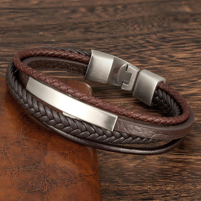 

Men's Genuine Leather Bracelets Stainless Steel Multi-Layer Woven Handmade Luxury Accessories Boys Birthday Gift Fashion Jewelry