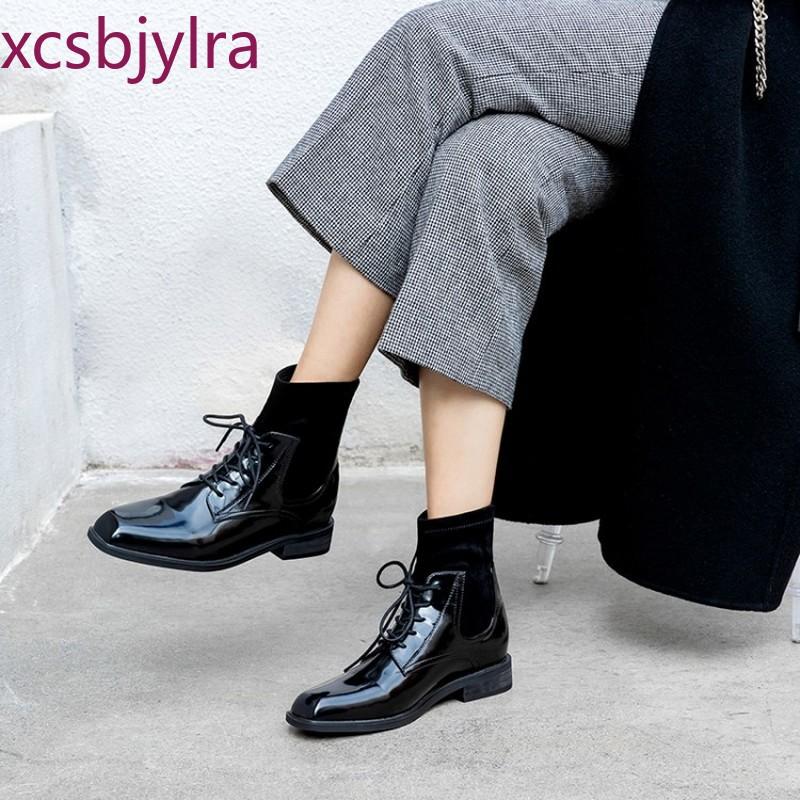 

Autumn and winter square head high heel leather ankle boots Waterproof Black Lace Up Boots Women's motorcycle Casual shoes