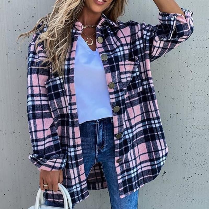 

Women Autumn Winter Retro Plaid Shirt Blouse Casual Loose Turn-down Collar Long Sleeve Button Up Slim Blouse Coat Tops, Wd558bk