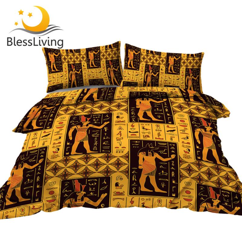 

BlessLiving Ancient Bedding Sets Egyptian Gods Comforter Cover Hieroglyphs 3 Piece Duvet Cover Set King Size Retro Bedspreads