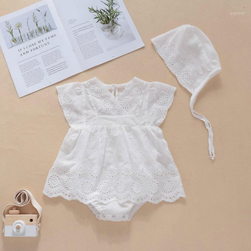 

2020 New Summer Baby Girl Cotton V-neck Cute Romper+hat 2pcs Lace Breathable Crawling Clothes Casual Flying Sleeve Infant Romper1, Wh