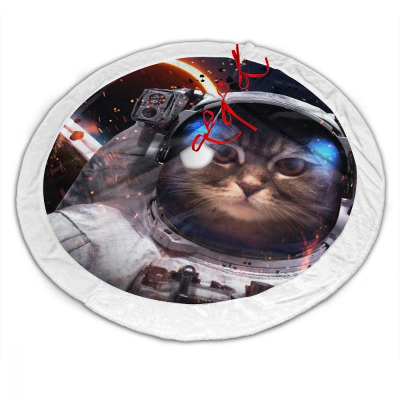 

Xmas Floor Mat Cover Home Party Decor Cat Astronaut At The Spacewalk Christmas Tree Skirt Carpet Floor Mat Cover