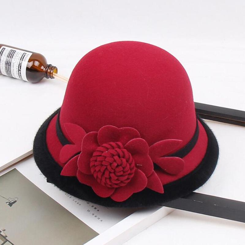 

New Winter Women Floral Wool Cap Hats Fedoras Vintage Western Bucket Hats 10 Colors Warm Female Bowler