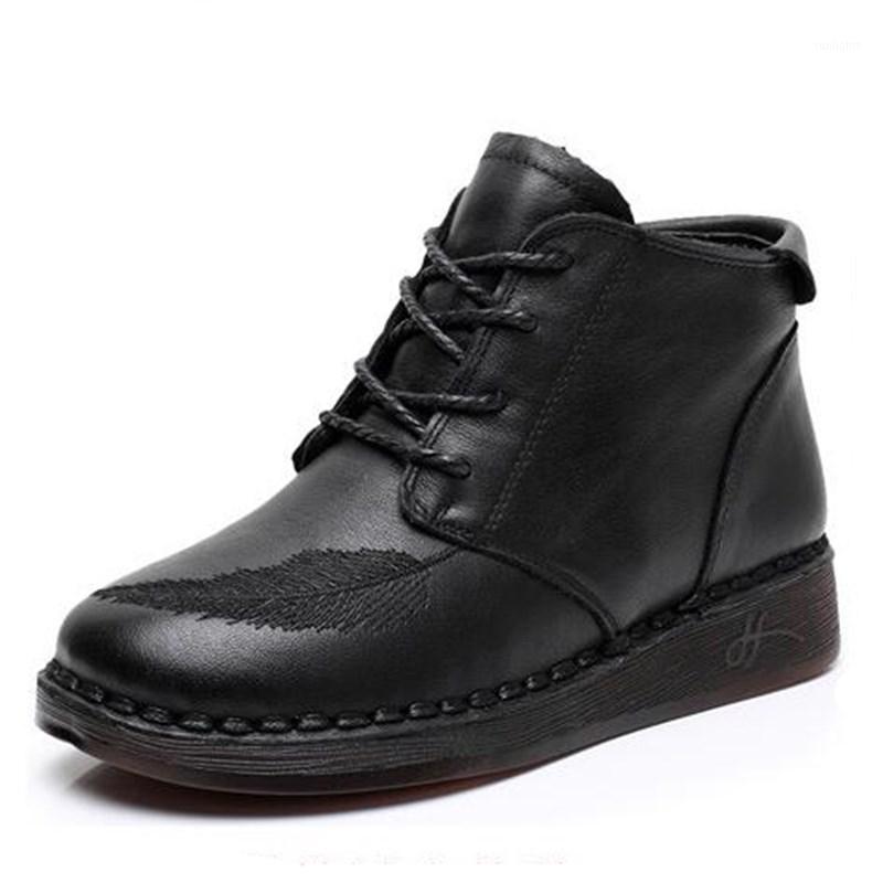 

New Lace-up Side Zipper Winter Boots Fashion Casual Shoes Woman Ankle Boots Flat Non-slip Wear Genuine Leather Women1, Black