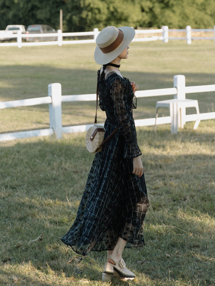 

Long Black Yosimi Female 2021 Summer Mesh Dress C2o7, Blue