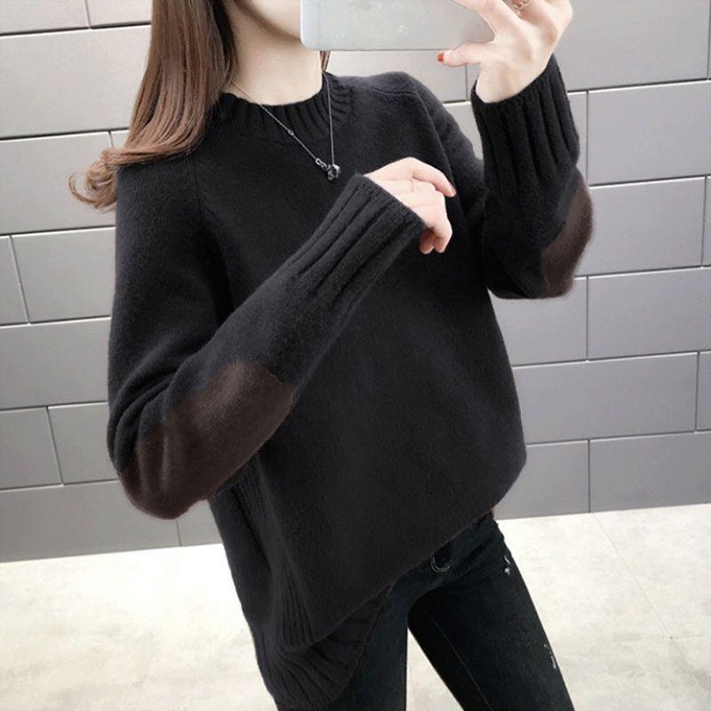 

Spring and Autumn 2020 Women' fake two-piece stitching shirt denim collar women' sweater thick loose sweater, Black