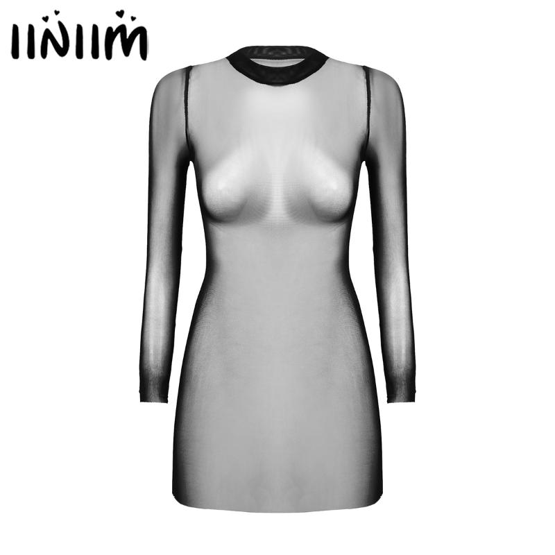 

Womens Femme Sexy Mesh Sheer Bikini Cover Up Mini Dress See Through Sexy Dress Long Sleeve Club Wear Evening Parties Costumes, Black