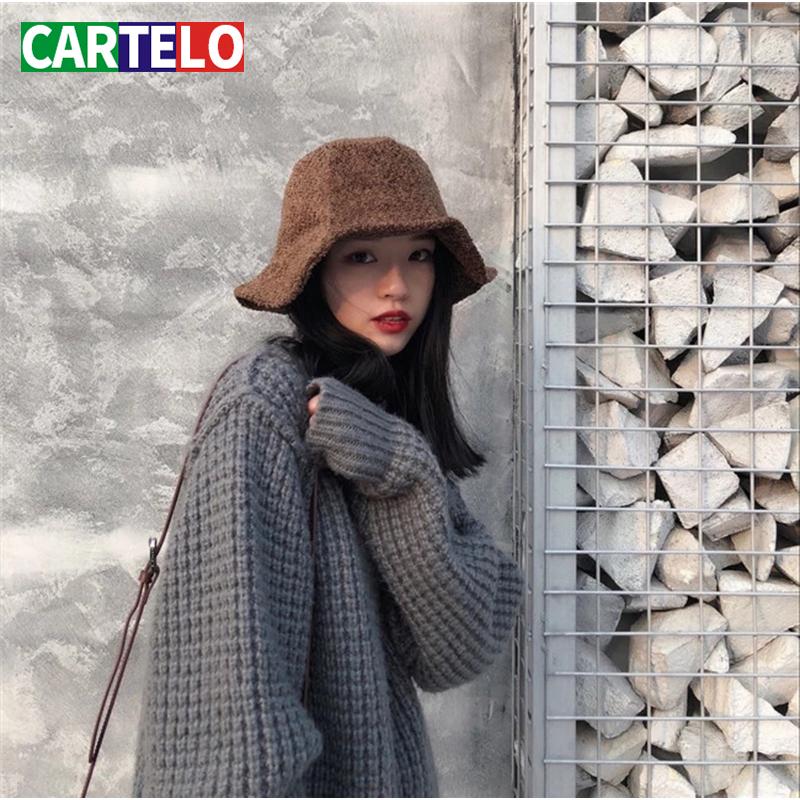 

Japanese harajuku plush winter warm pure color fisherman hat for men and women casual black can be folded basin hat, G4-brown