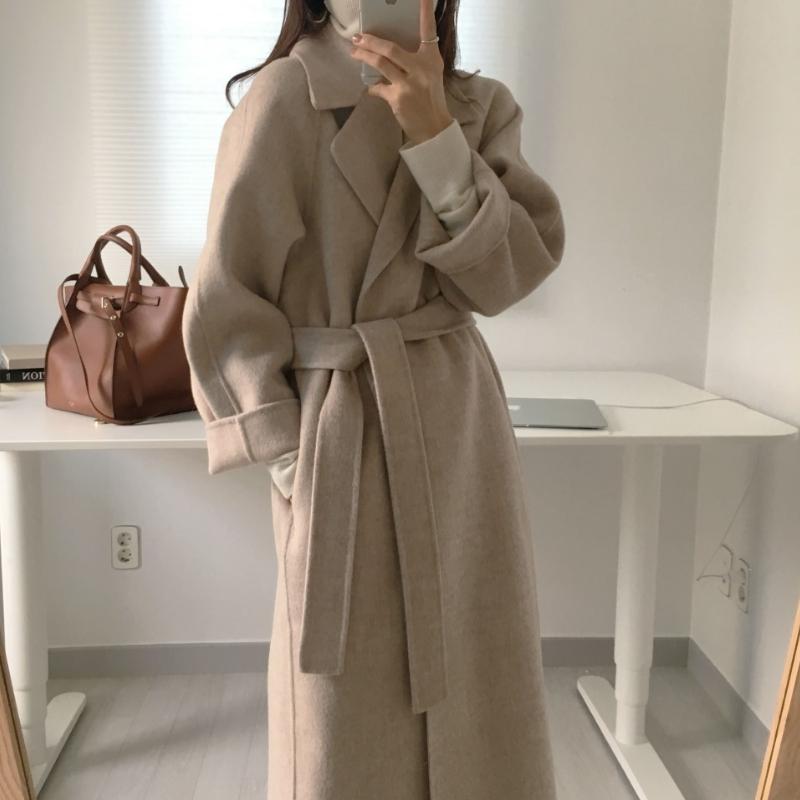 

Autumn And Winter Female Korean Chic Temperament Loose Lapel Tie Long Woolen Coat, Brown