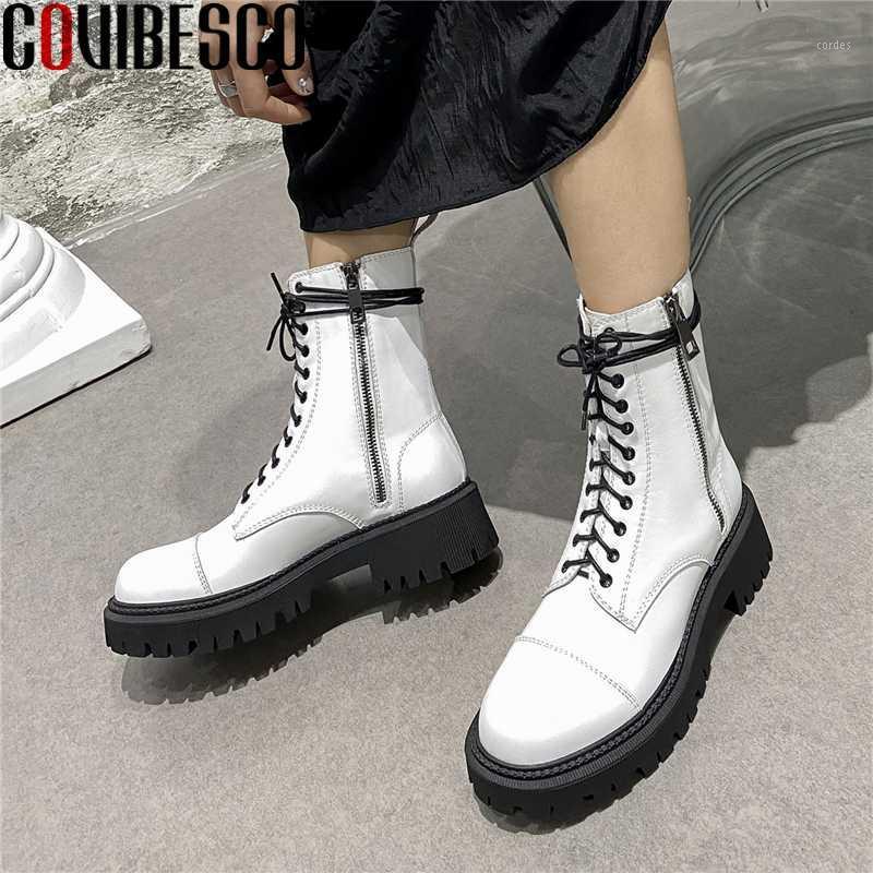 

COVIBESCO Popular Casual Women Ankle Boots Genuine Leather Platforms Shoes Woman Autumn Winter Cross-Tied Zipper Boots1, Black